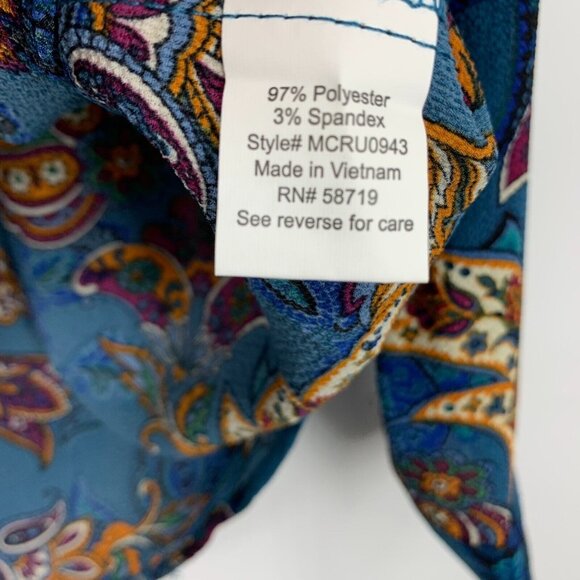 NY Collection Top Blue Floral Print Zip V Neck Roll Tab Sleeve - Picture 11 of 11
